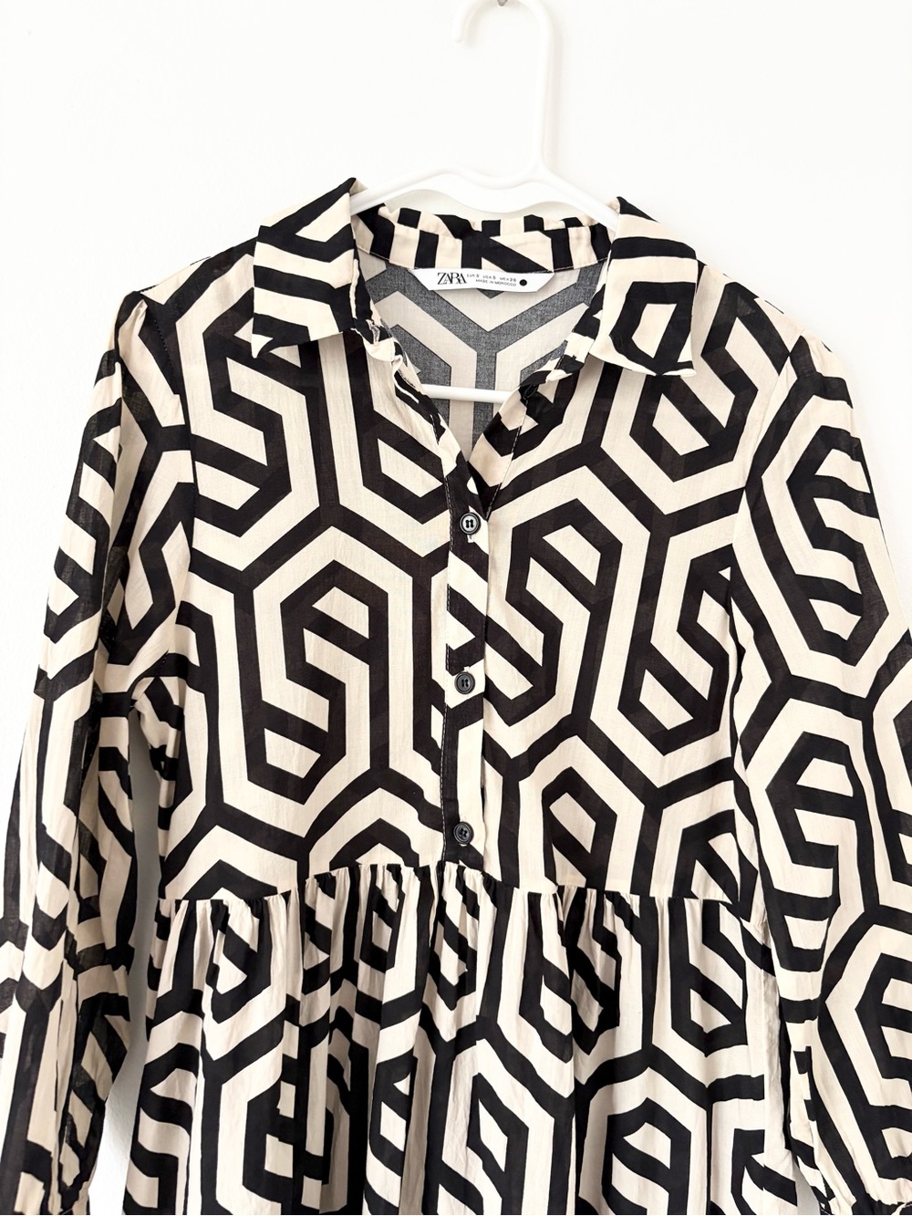 Zara Ivory Black Geometric Pattern Long Sleeve Cotton Tiered Maxi Dress Small - Picture 6 of 10